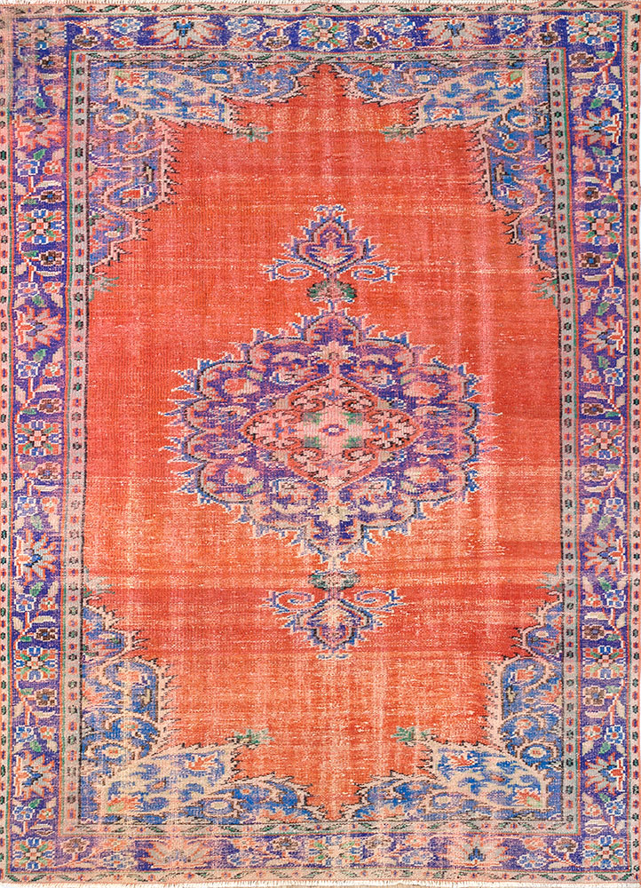 vintage red and orange wool hand knotted Rug - HeadShot