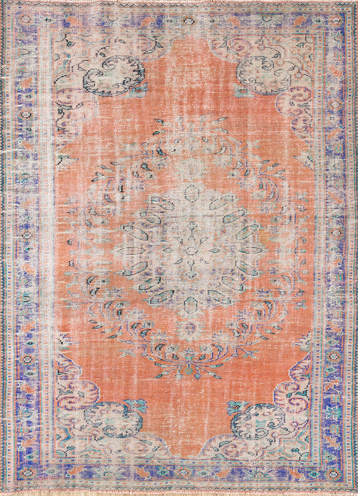 vintage red and orange wool hand knotted Rug - HeadShot