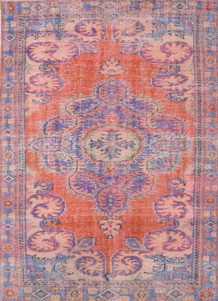 vintage red and orange wool hand knotted Rug - HeadShot