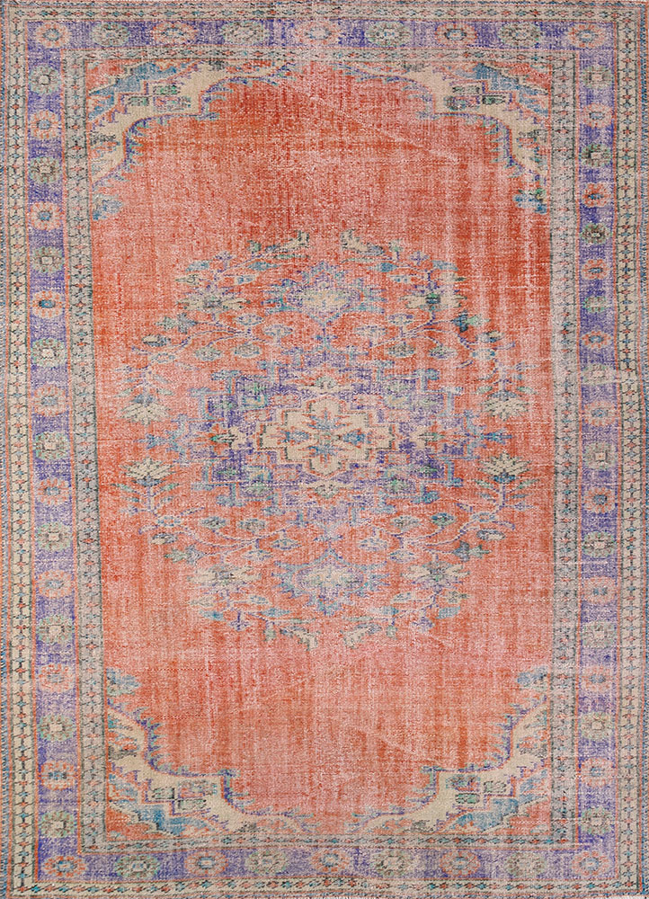 vintage red and orange wool hand knotted Rug - HeadShot