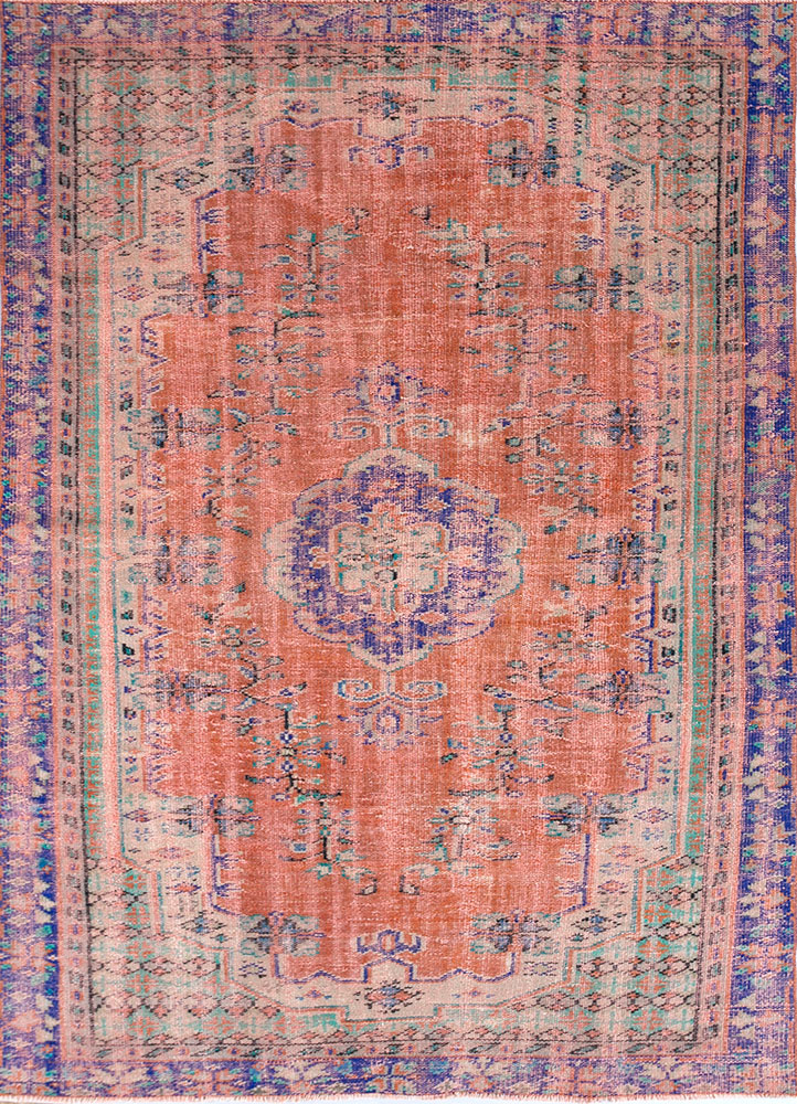 vintage red and orange wool hand knotted Rug - HeadShot