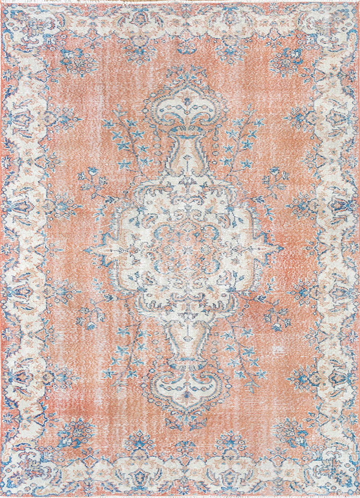 vintage red and orange wool hand knotted Rug - HeadShot
