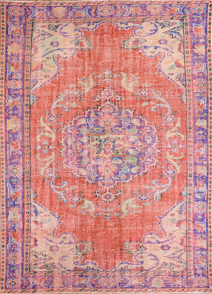 vintage red and orange wool hand knotted Rug - HeadShot