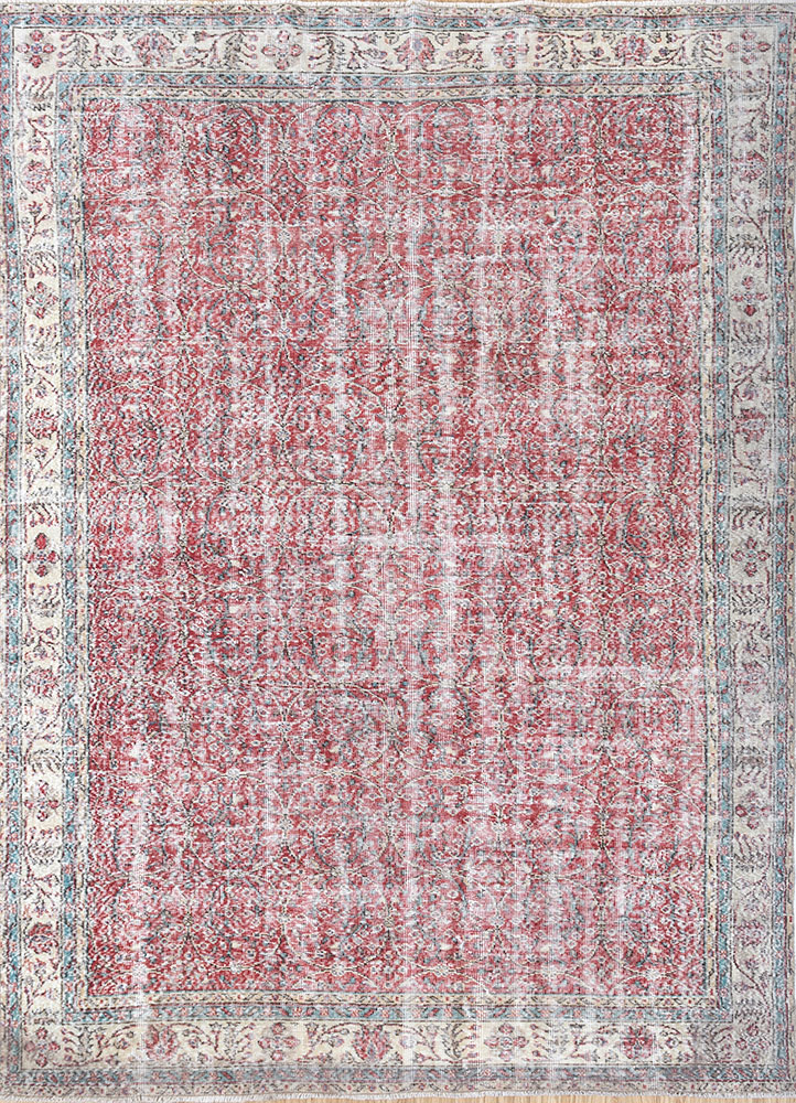 vintage red and orange wool hand knotted Rug - HeadShot