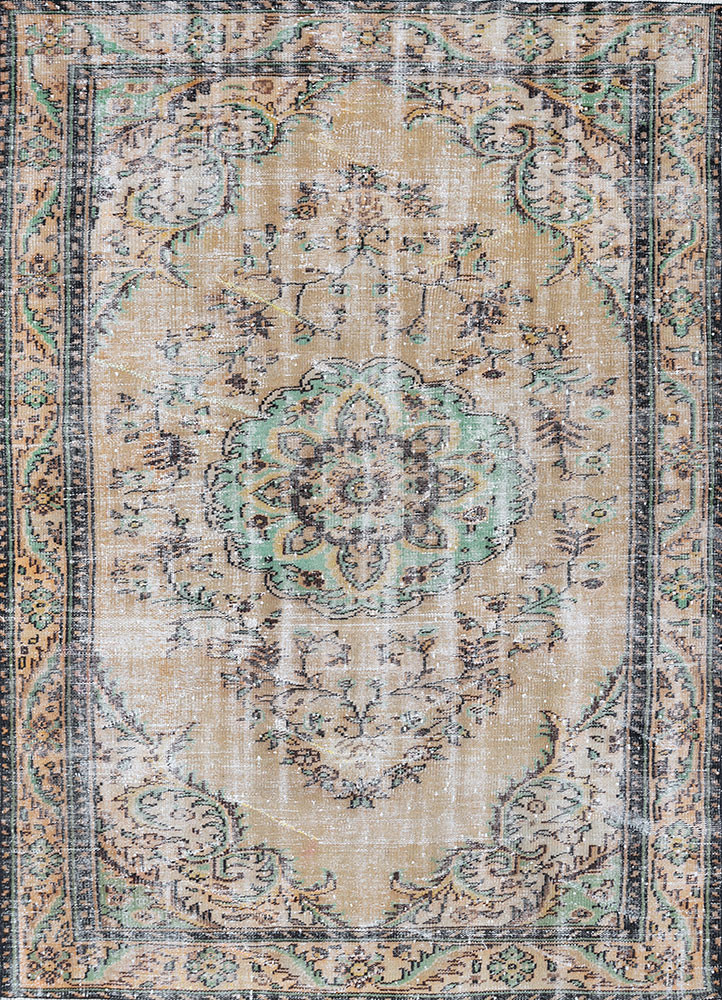 vintage beige and brown wool hand knotted Rug - HeadShot