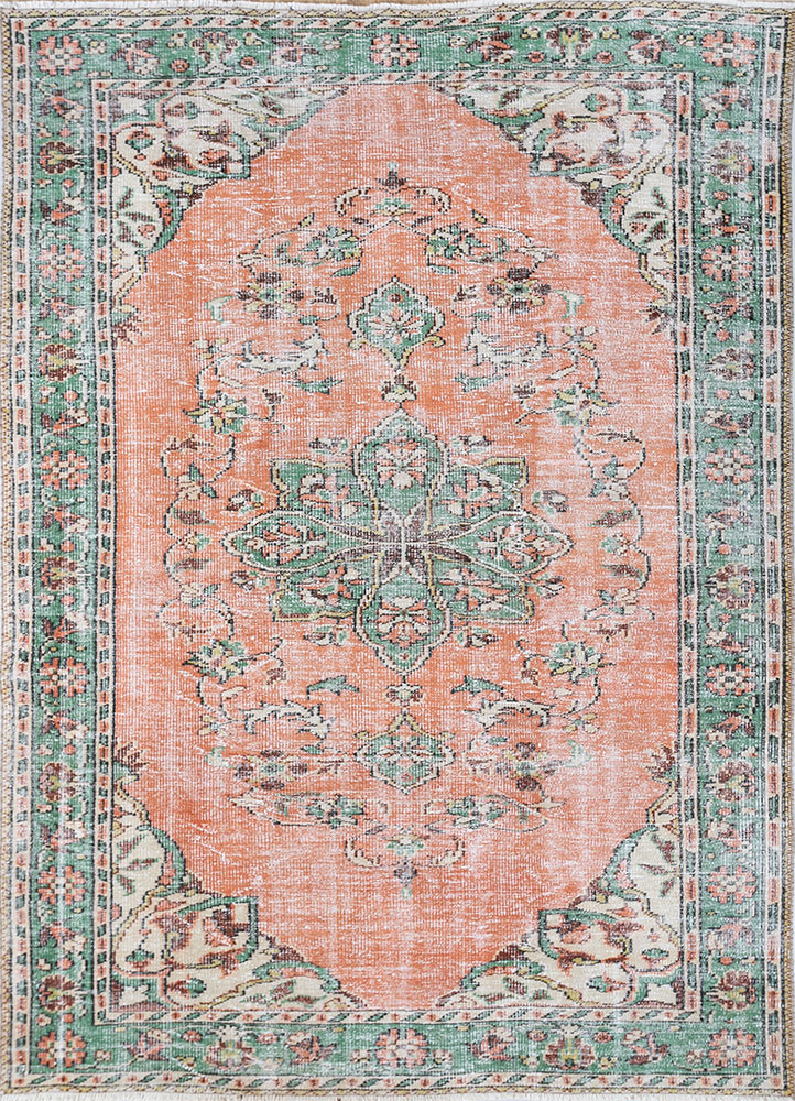 vintage red and orange wool hand knotted Rug - HeadShot