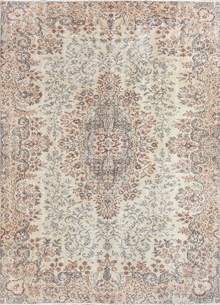 vintage beige and brown wool hand knotted Rug - HeadShot