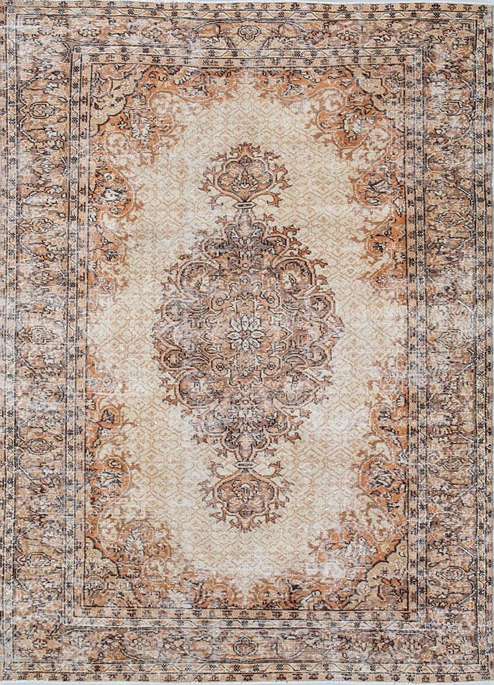 vintage beige and brown wool hand knotted Rug - HeadShot