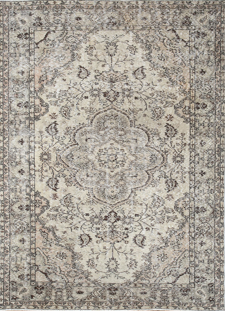 vintage beige and brown wool hand knotted Rug - HeadShot