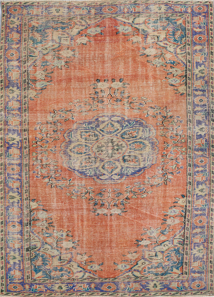 vintage red and orange wool hand knotted Rug - HeadShot