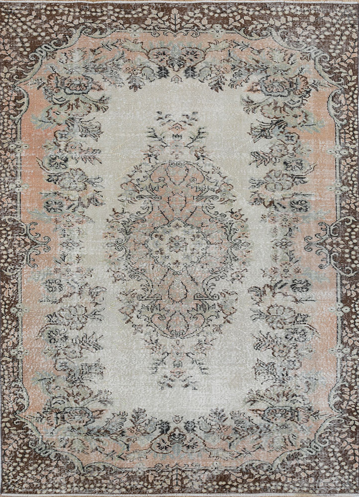 vintage beige and brown wool hand knotted Rug - HeadShot