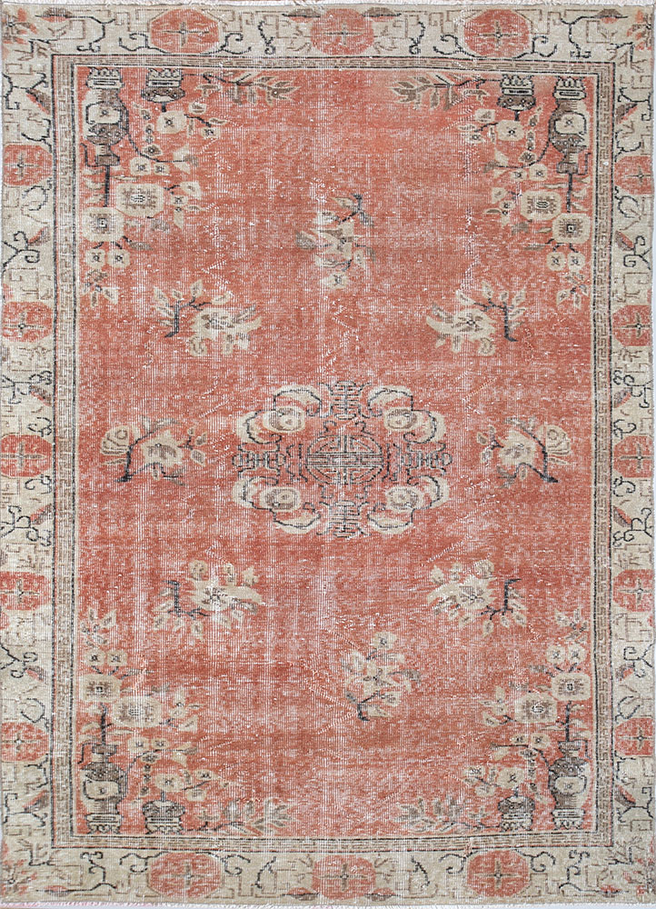 vintage red and orange wool hand knotted Rug - HeadShot