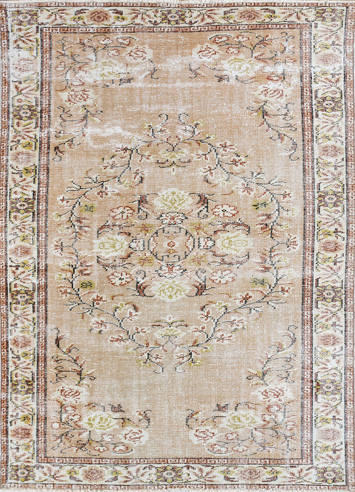 vintage beige and brown wool hand knotted Rug - HeadShot