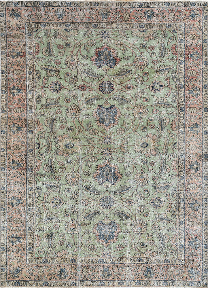 vintage green wool hand knotted Rug - HeadShot