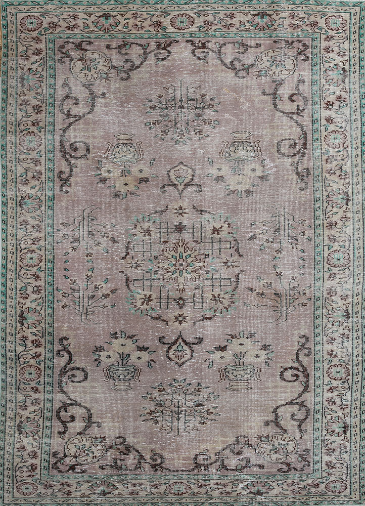 vintage pink and purple wool hand knotted Rug - HeadShot