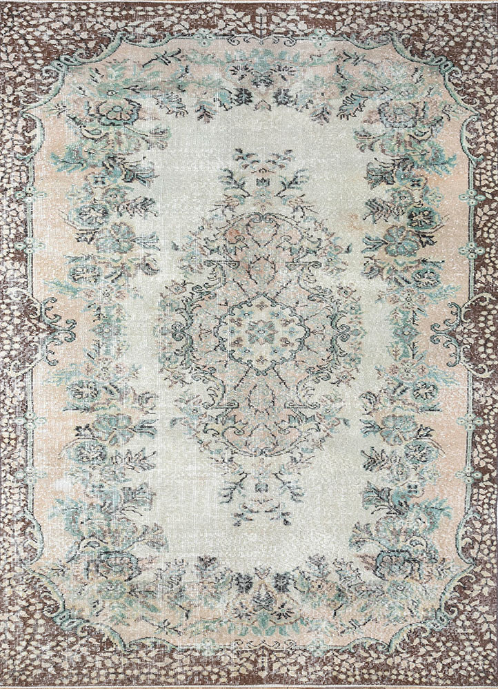 vintage beige and brown wool hand knotted Rug - HeadShot