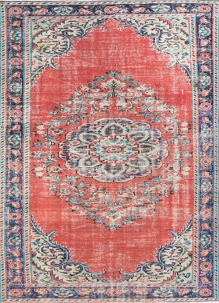 vintage red and orange wool hand knotted Rug - HeadShot