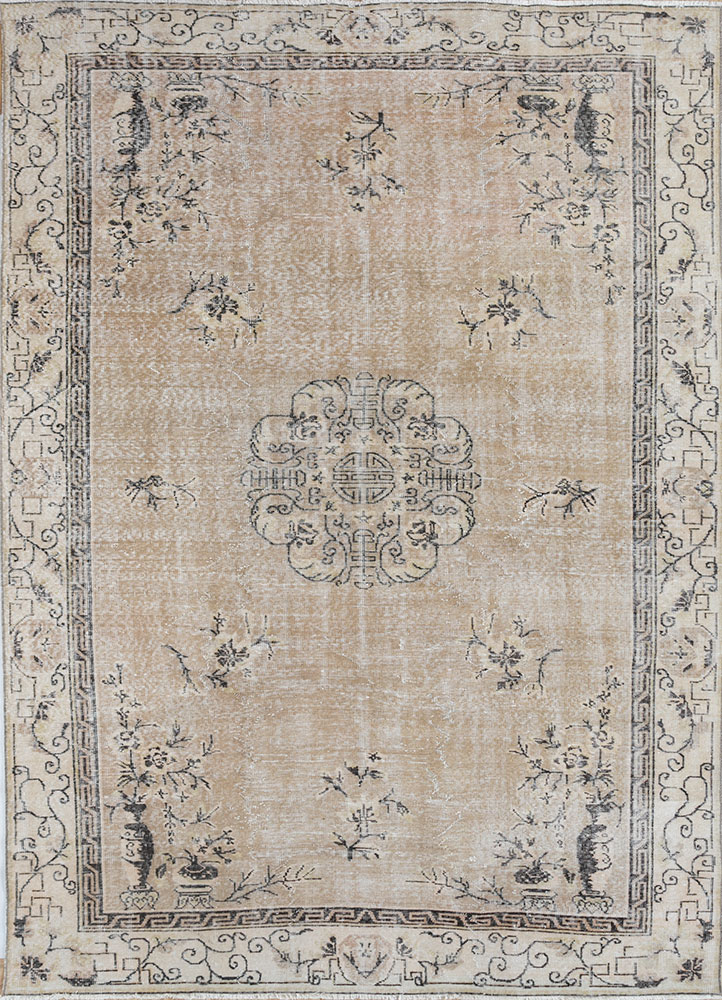 vintage beige and brown wool hand knotted Rug - HeadShot