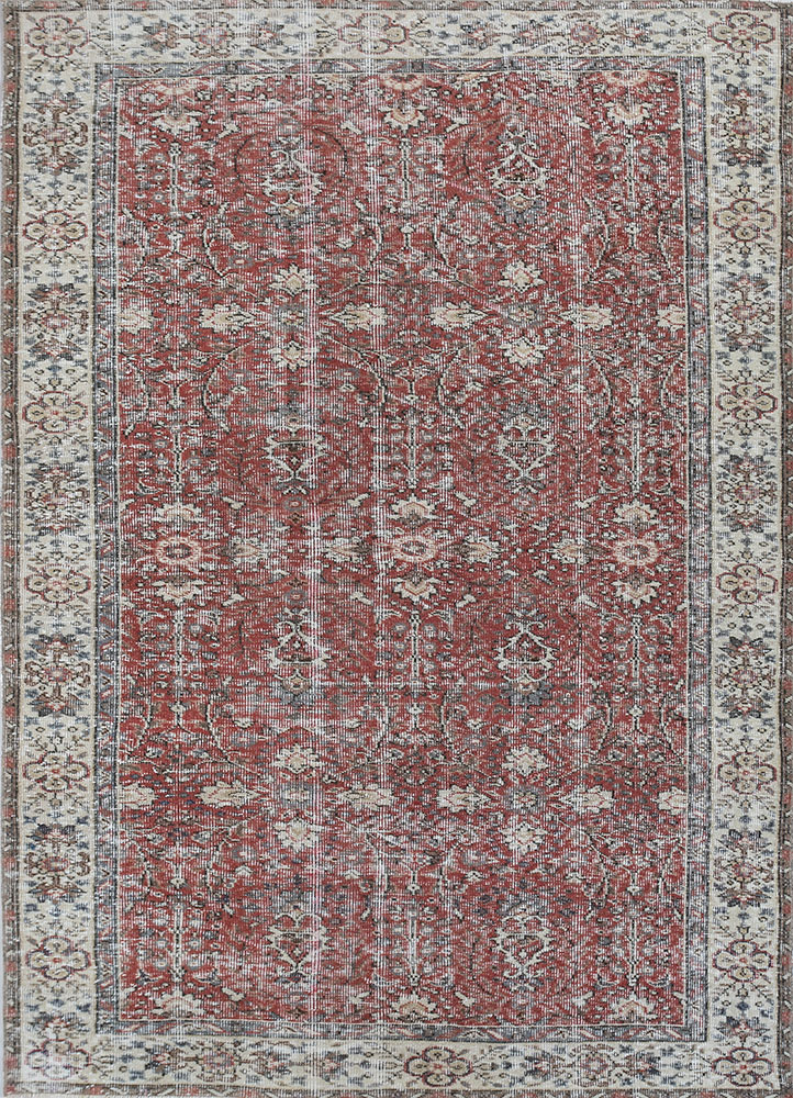 vintage red and orange wool hand knotted Rug - HeadShot