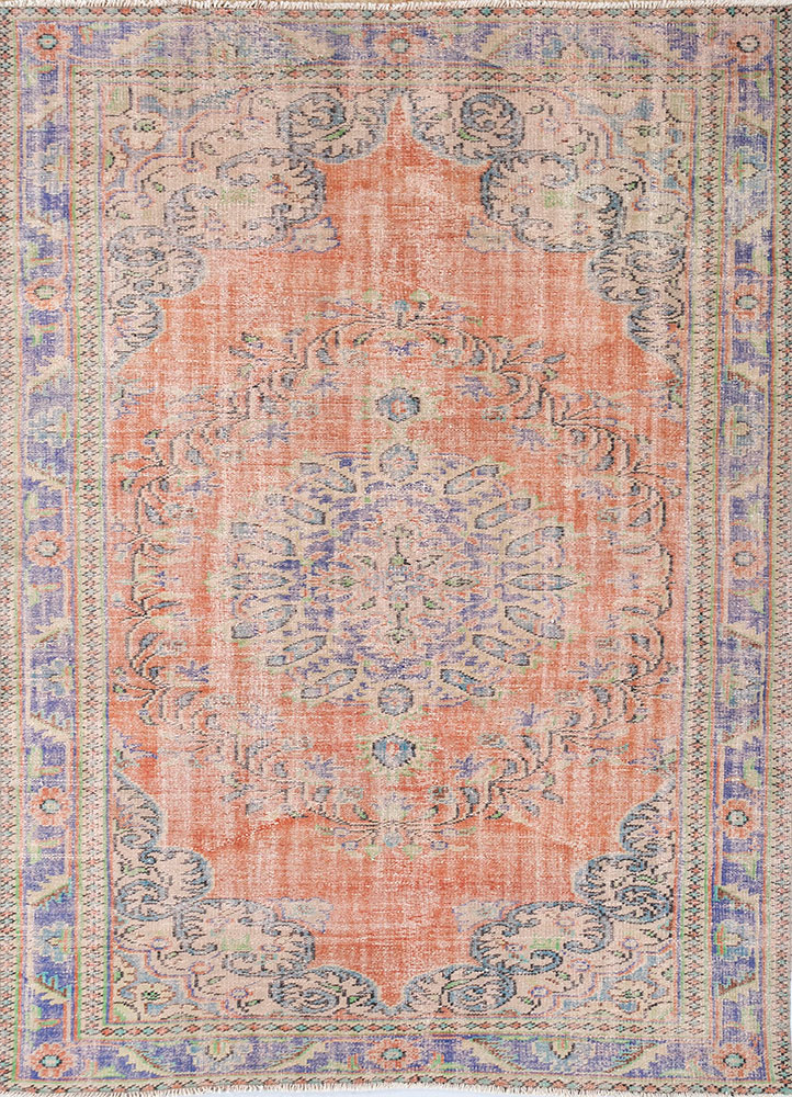 vintage red and orange wool hand knotted Rug - HeadShot