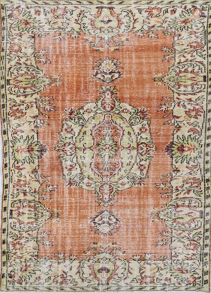 vintage red and orange wool hand knotted Rug - HeadShot
