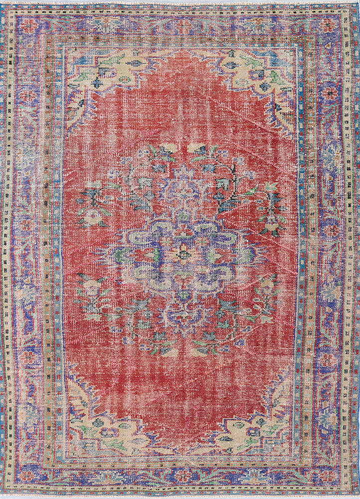 vintage red and orange wool hand knotted Rug - HeadShot