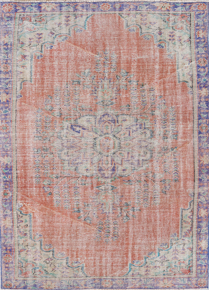 vintage red and orange wool hand knotted Rug - HeadShot