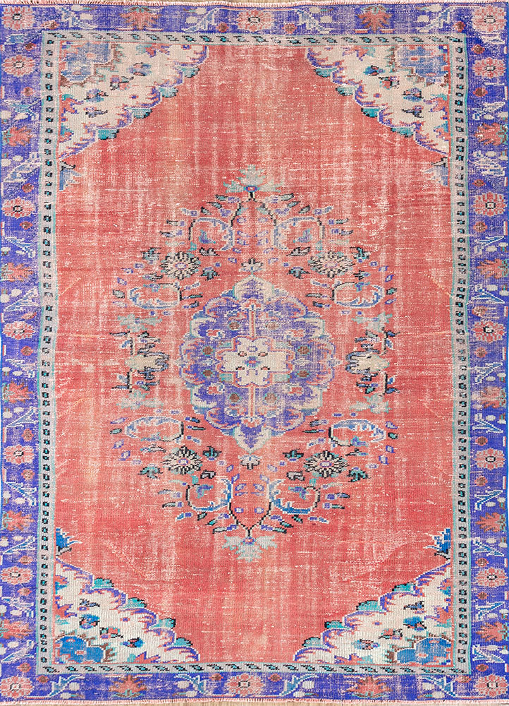 vintage red and orange wool hand knotted Rug - HeadShot