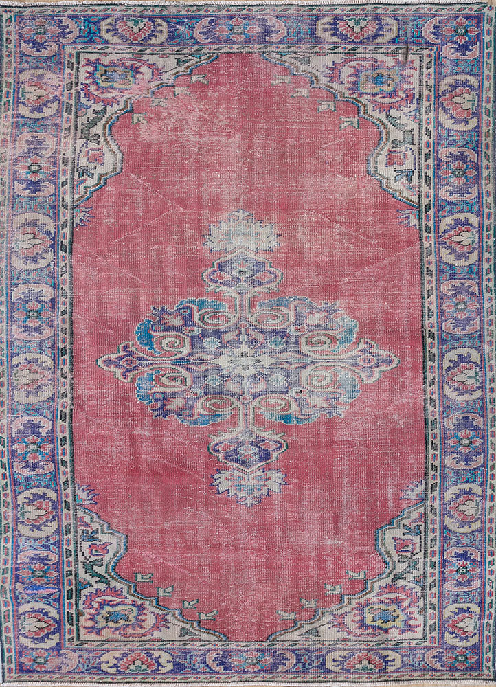 vintage red and orange wool hand knotted Rug - HeadShot