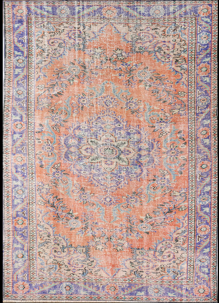vintage red and orange wool hand knotted Rug - HeadShot