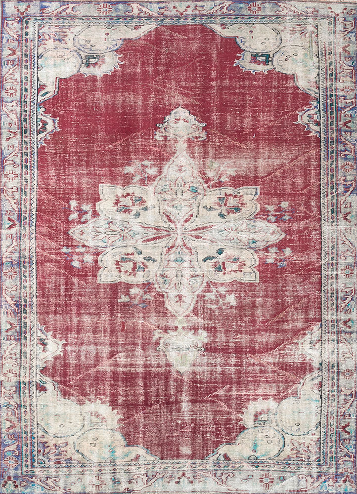 vintage red and orange wool hand knotted Rug - HeadShot