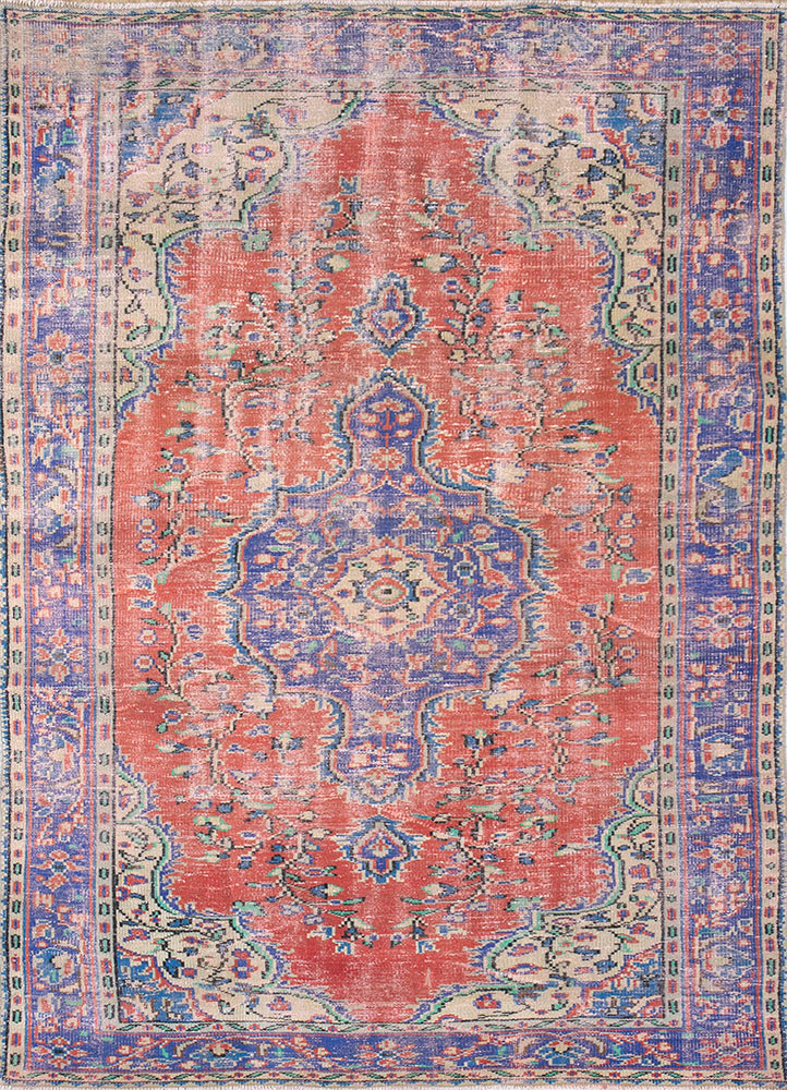 vintage red and orange wool hand knotted Rug - HeadShot