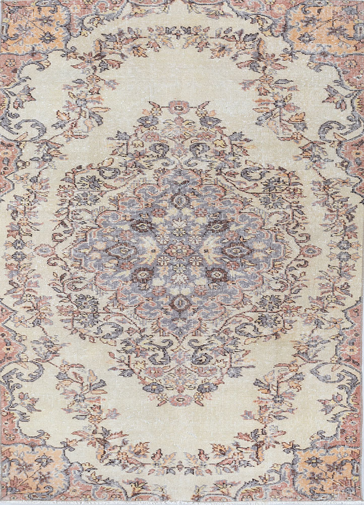 vintage beige and brown wool hand knotted Rug - HeadShot