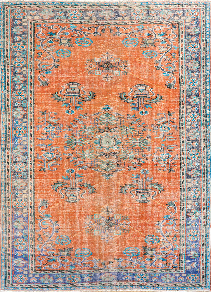 vintage red and orange wool hand knotted Rug - HeadShot