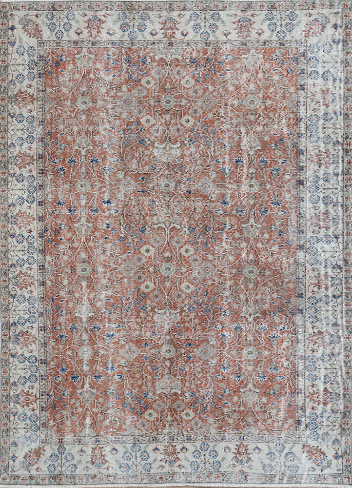 vintage red and orange wool hand knotted Rug - HeadShot