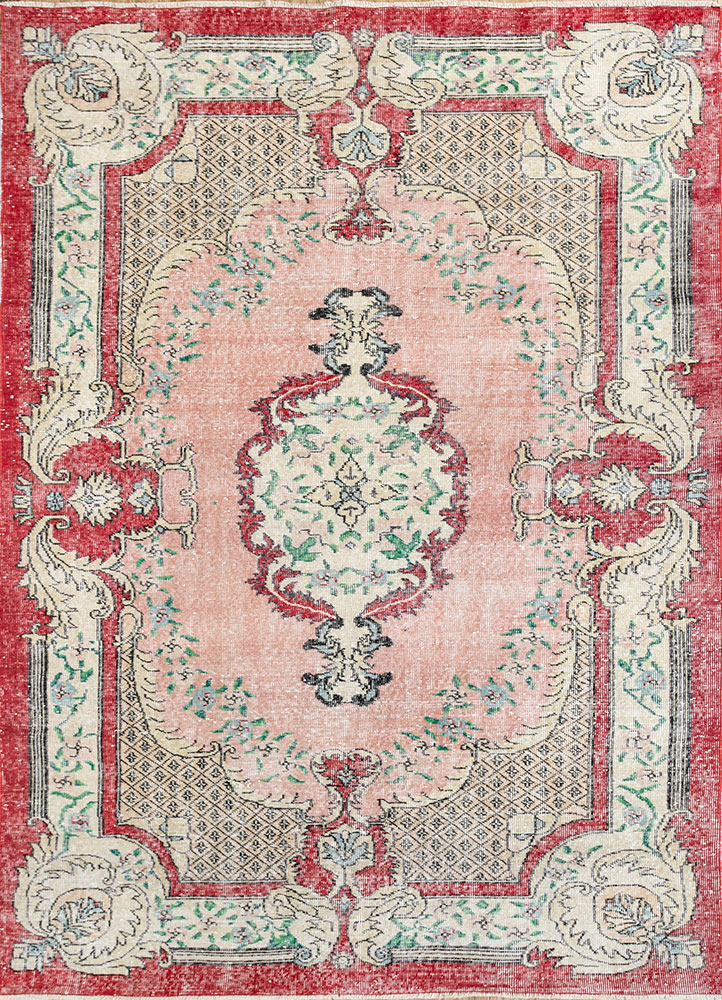 vintage red and orange wool hand knotted Rug - HeadShot