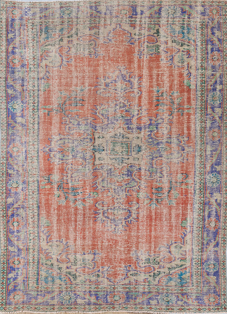 vintage red and orange wool hand knotted Rug - HeadShot