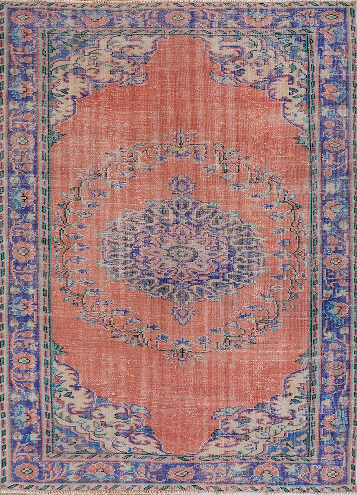 vintage red and orange wool hand knotted Rug - HeadShot