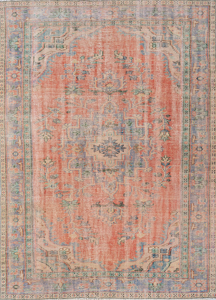 vintage red and orange wool hand knotted Rug - HeadShot