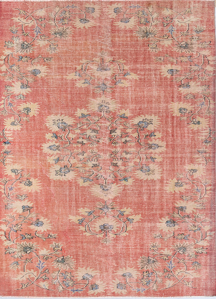 vintage red and orange wool hand knotted Rug - HeadShot