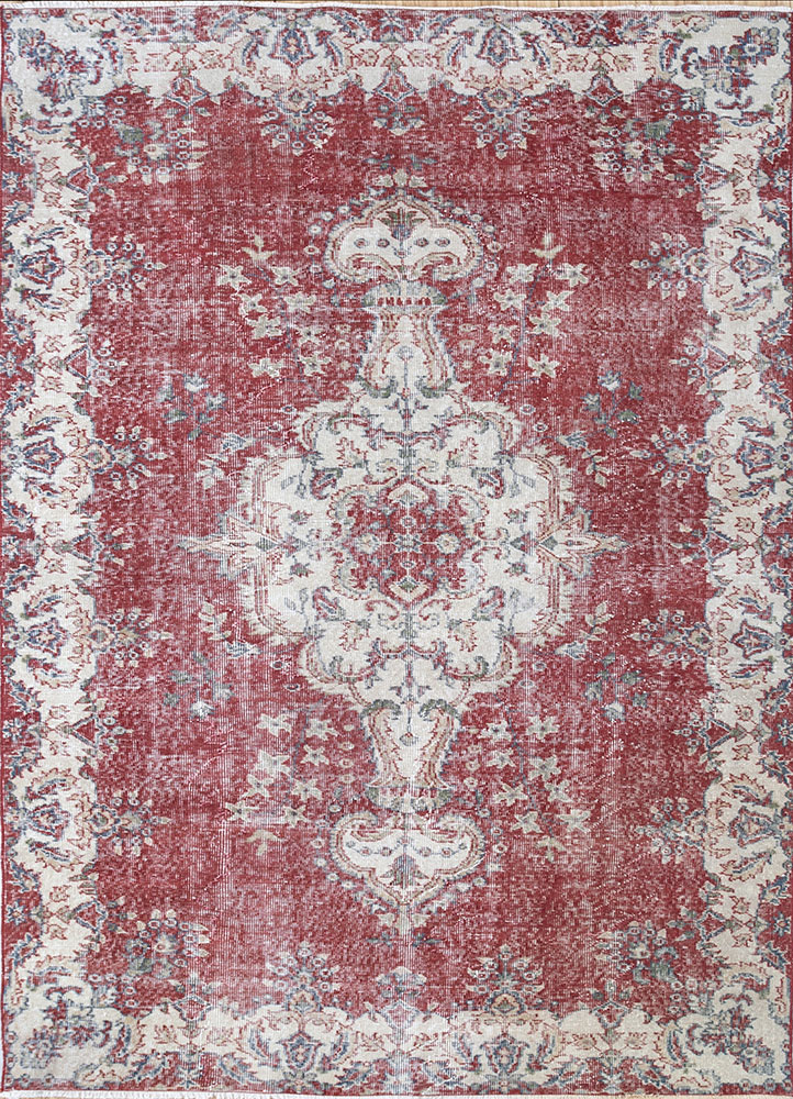 vintage red and orange wool hand knotted Rug - HeadShot