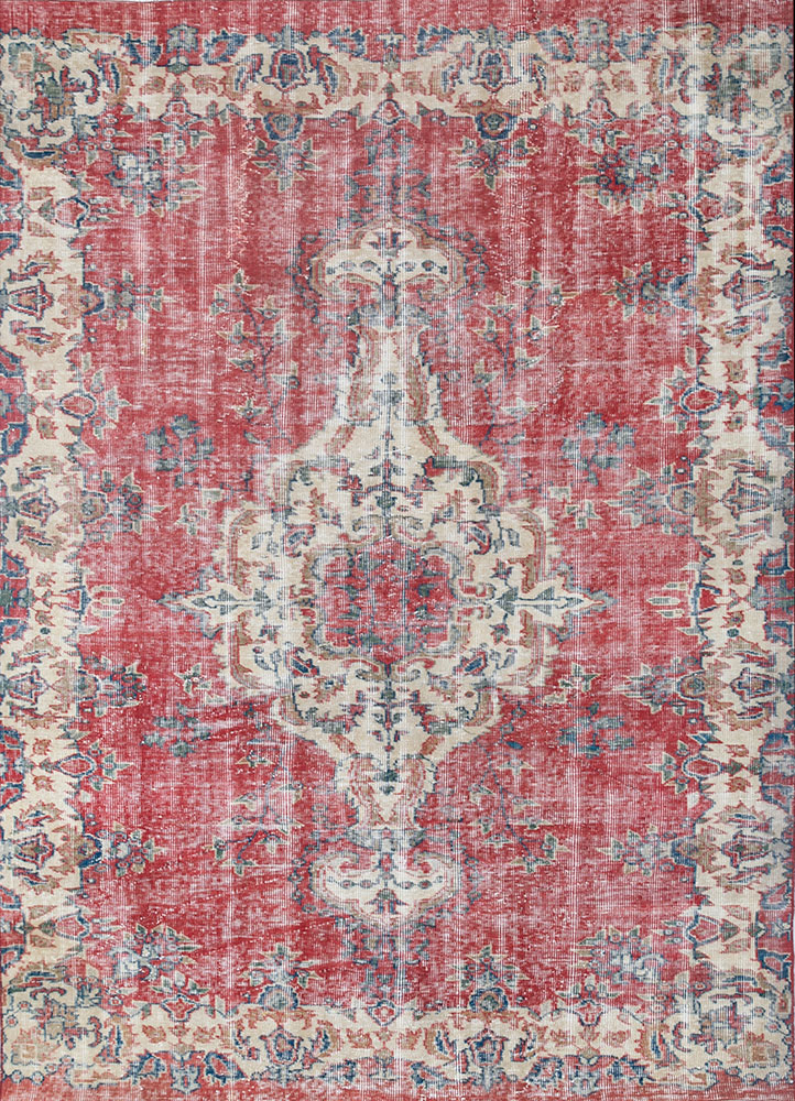 vintage red and orange wool hand knotted Rug - HeadShot