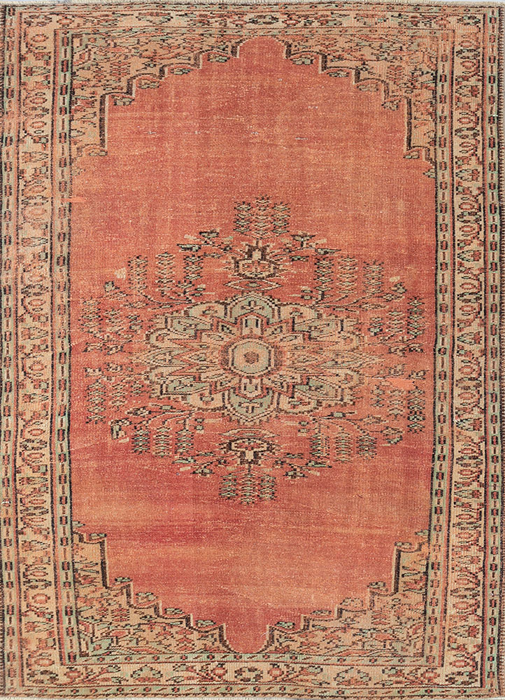 vintage red and orange wool hand knotted Rug - HeadShot