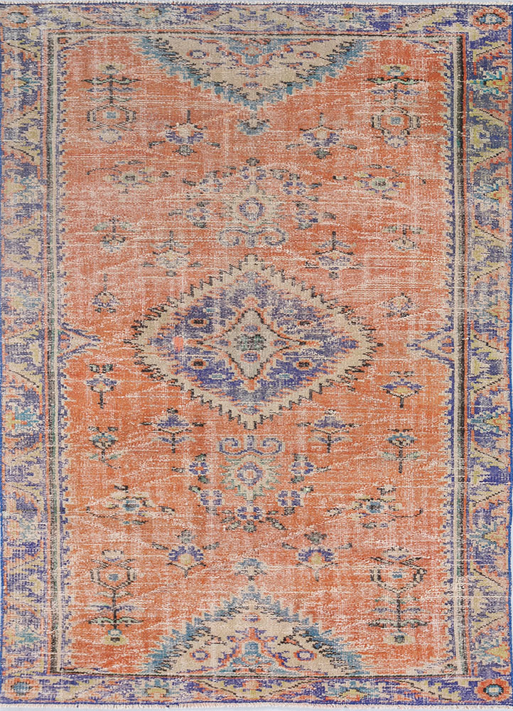 vintage red and orange wool hand knotted Rug - HeadShot