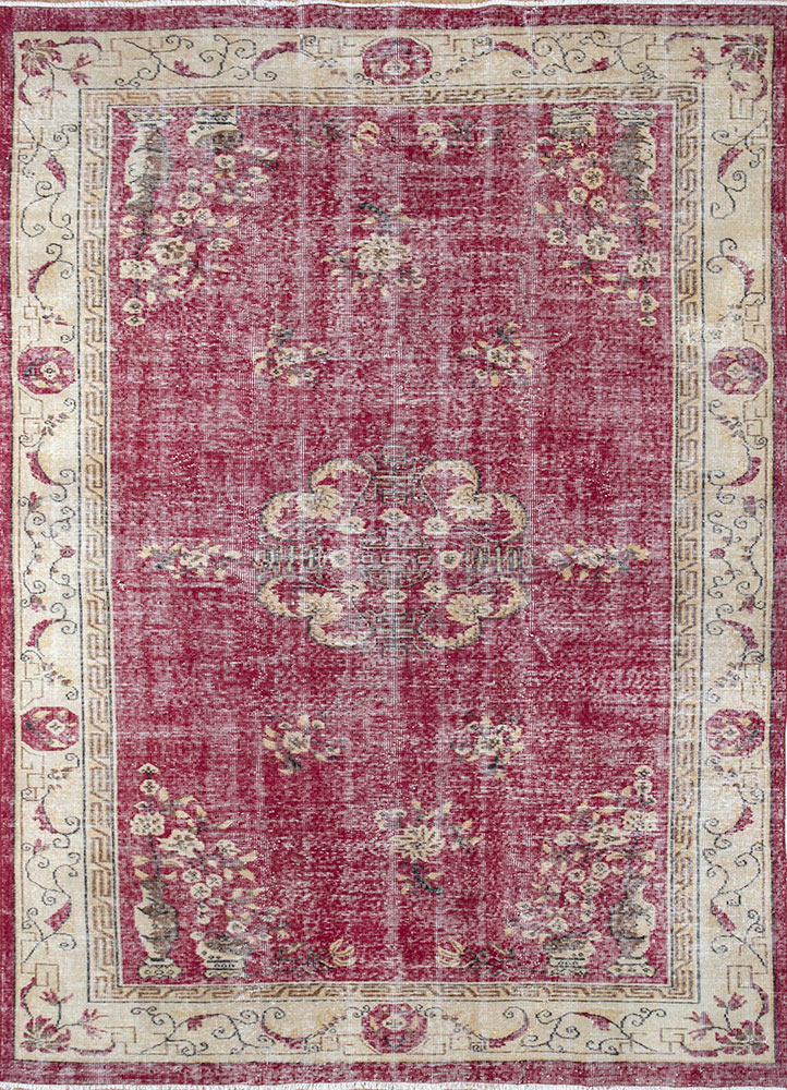 vintage red and orange wool hand knotted Rug - HeadShot