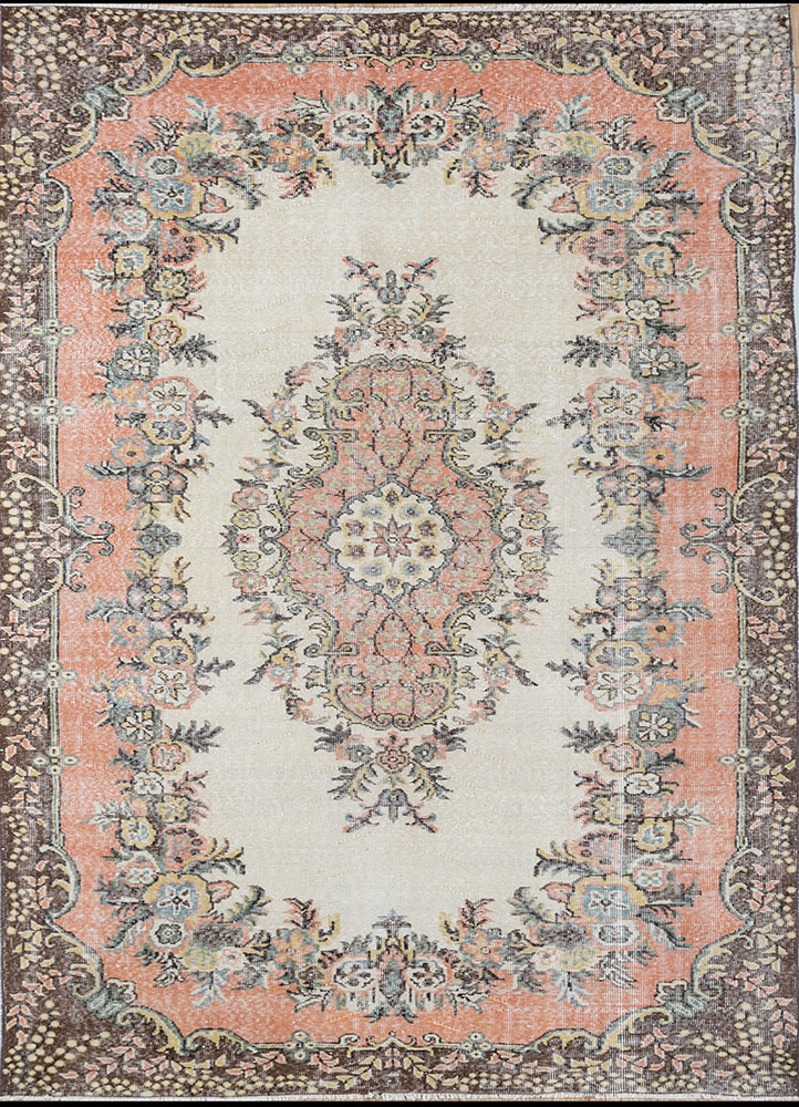 vintage red and orange wool hand knotted Rug - HeadShot