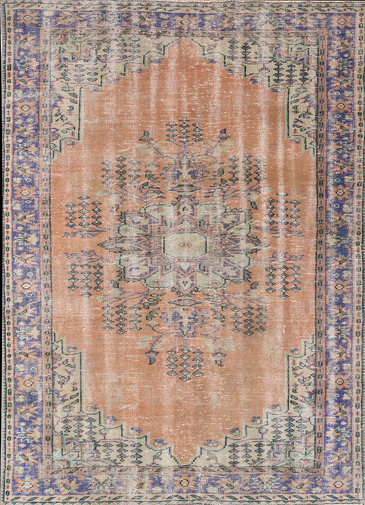 vintage red and orange wool hand knotted Rug - HeadShot