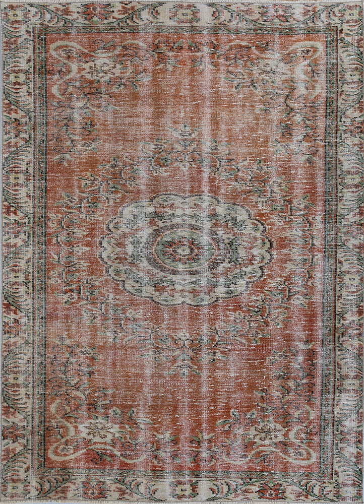 vintage red and orange wool hand knotted Rug - HeadShot