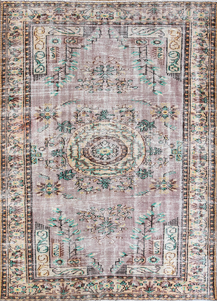 vintage pink and purple wool hand knotted Rug - HeadShot