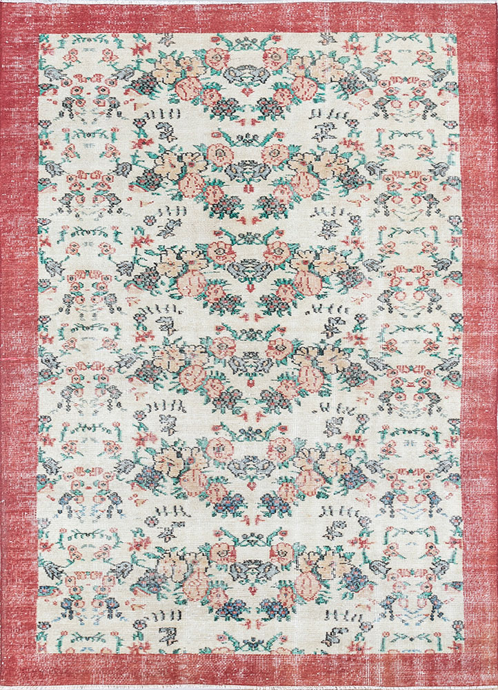 vintage red and orange wool hand knotted Rug - HeadShot